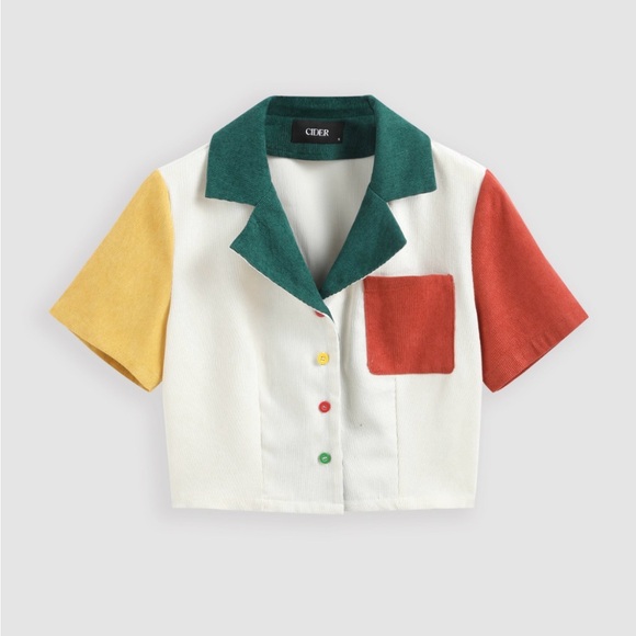 Cider Tops - Cider Retro Colorblock Short Sleeve Button Up Crop Blouse Patchwork XS Like New